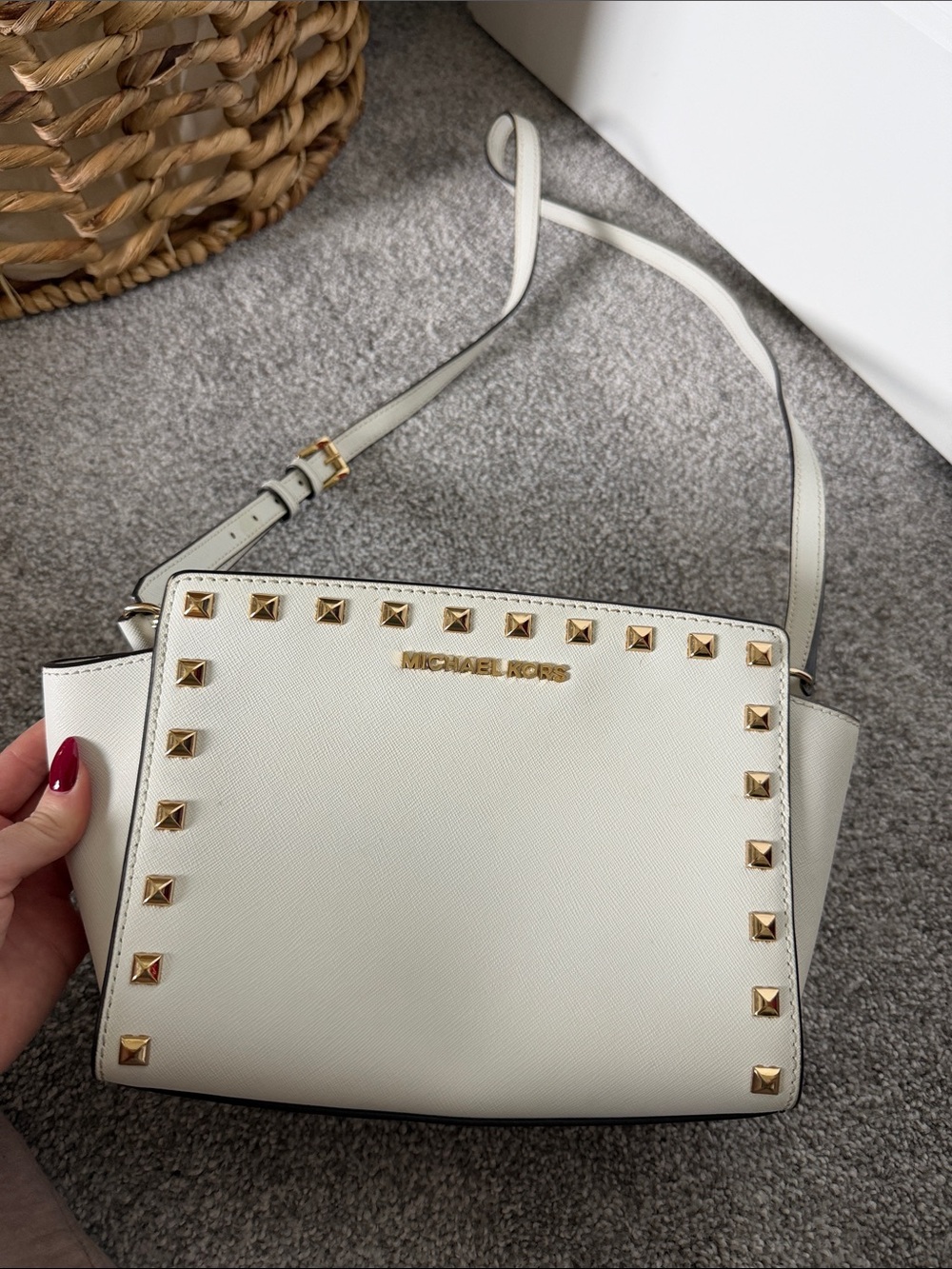 MICHAEL KORS Cream Leather Studded Crossbody Bag with Gold Hardware